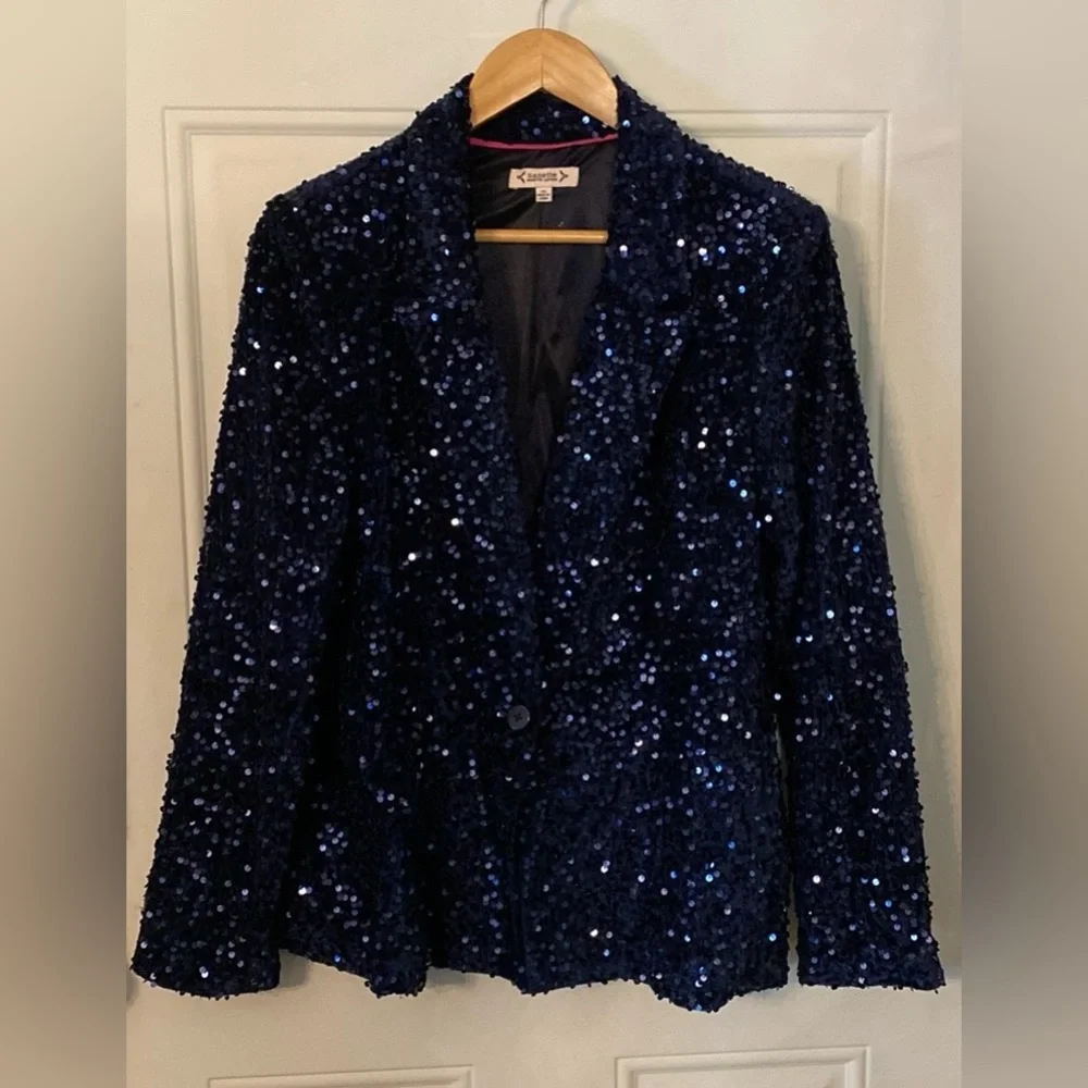 Nanette Lepore Girls’ Night Out Sapphire Blue Velvet Sequin Blazer Jacket - Picture 6 of 16